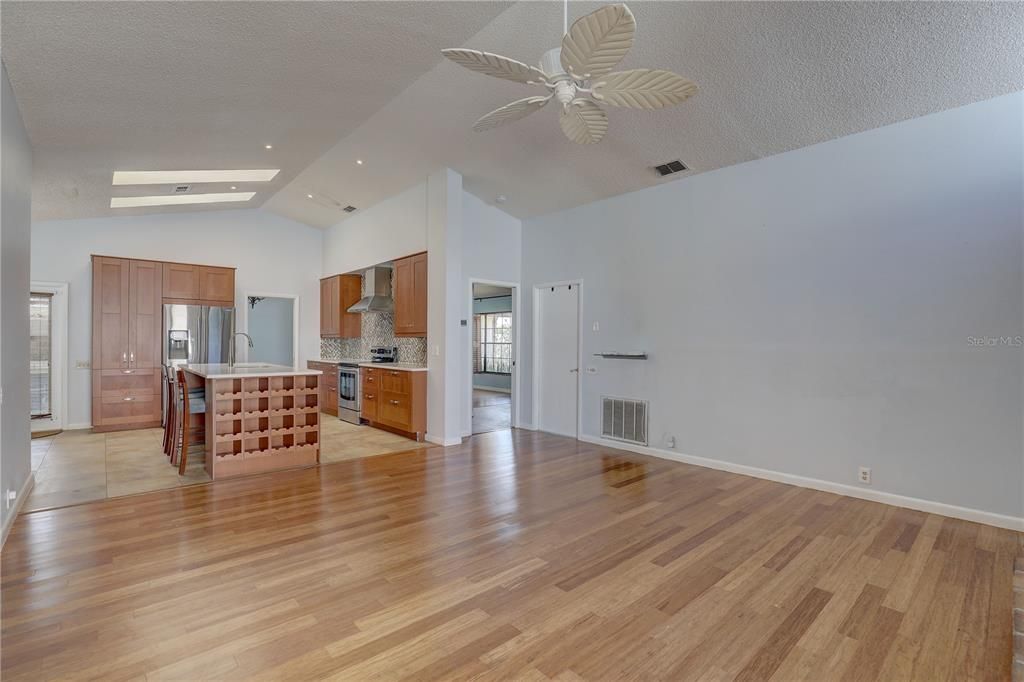 Empty room, Interior, Kitchen, Recessed Lighting, Wood Texture Flooring
