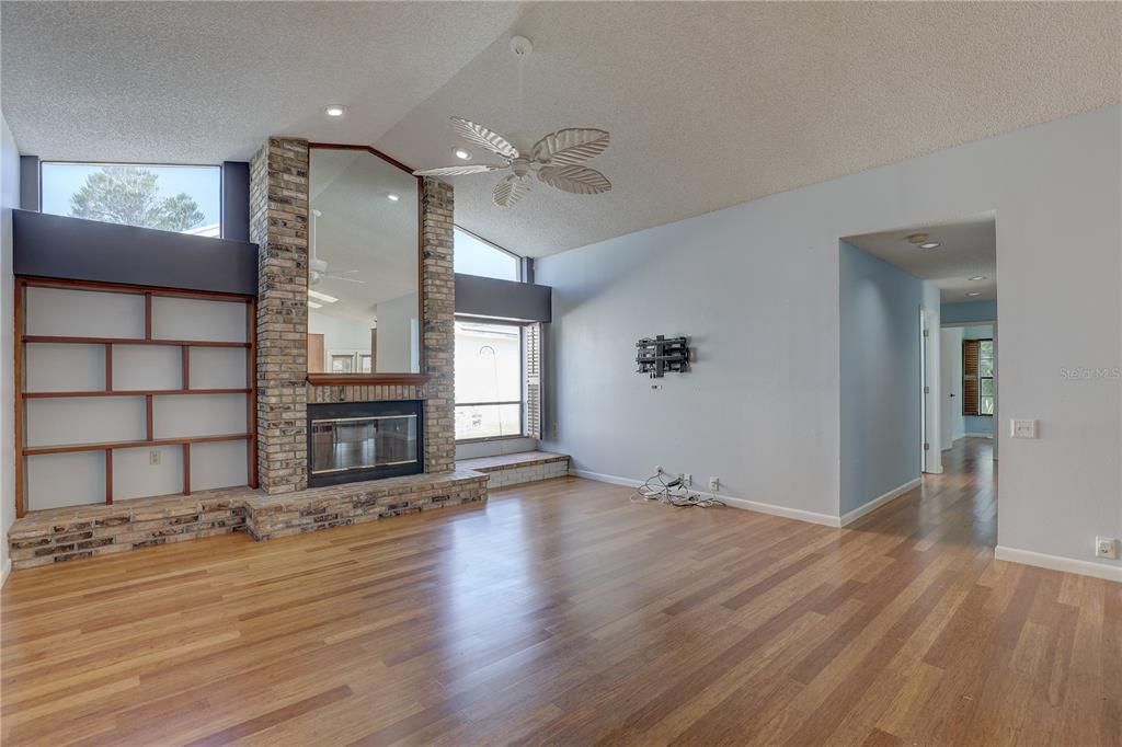 Empty room, Fireplace, Interior, Recessed Lighting, Wood Texture Flooring
