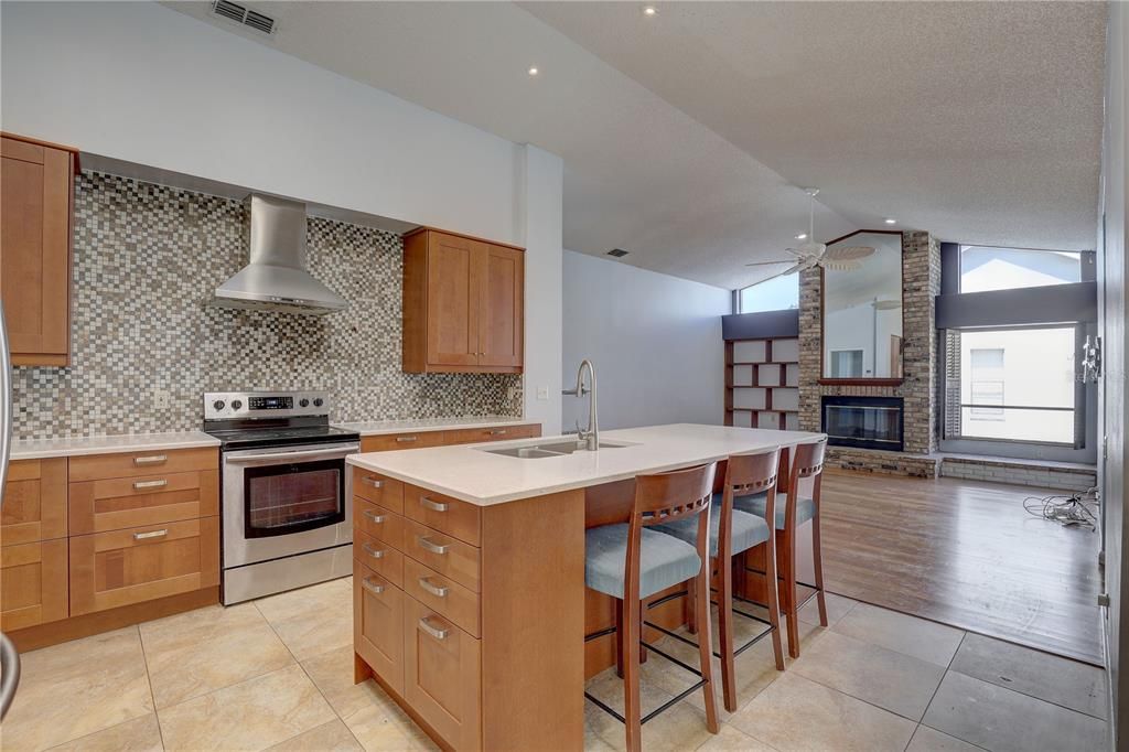 Fireplace, Interior, Kitchen, Recessed Lighting, Stainless Steel Appliances, Wood Texture Flooring