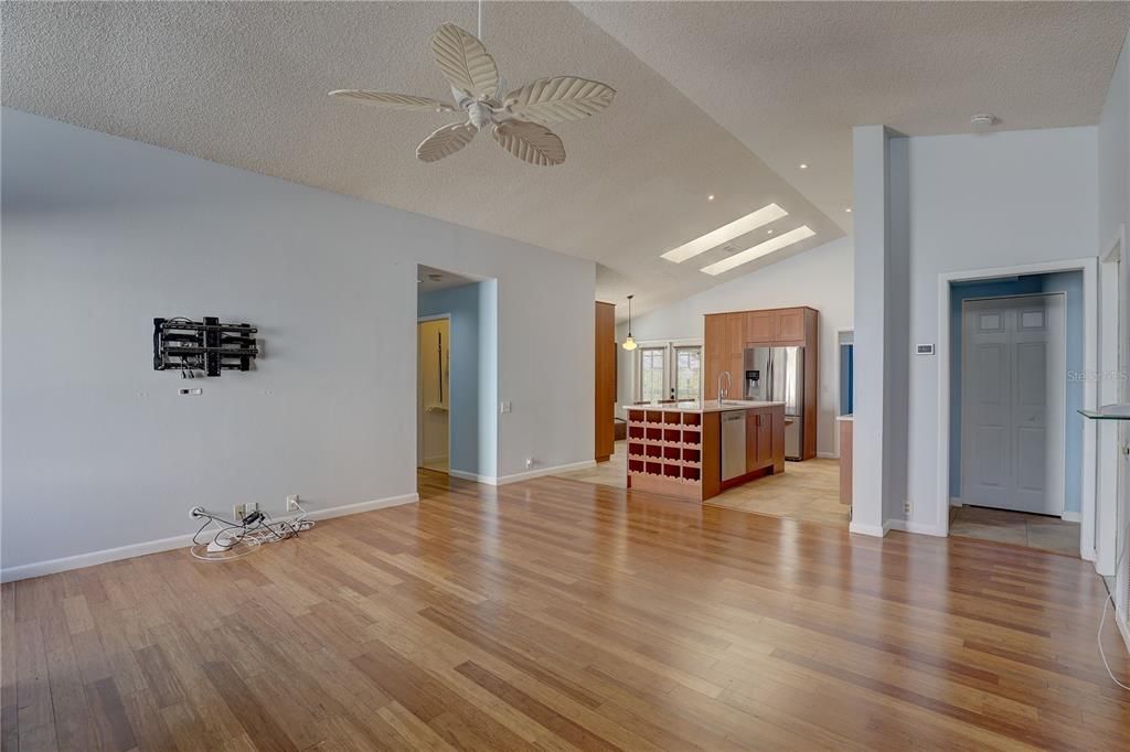 Empty room, Interior, Kitchen, Pendant Lights, Recessed Lighting, Wood Texture Flooring