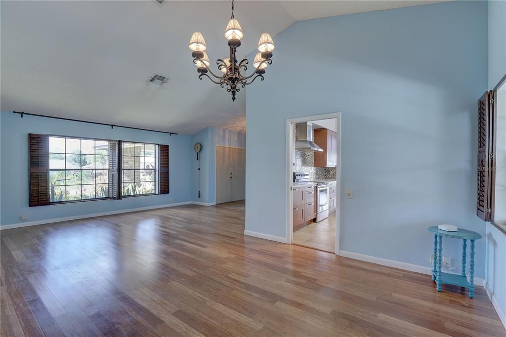 Chandelier, Empty room, Interior, Kitchen, Wood Texture Flooring