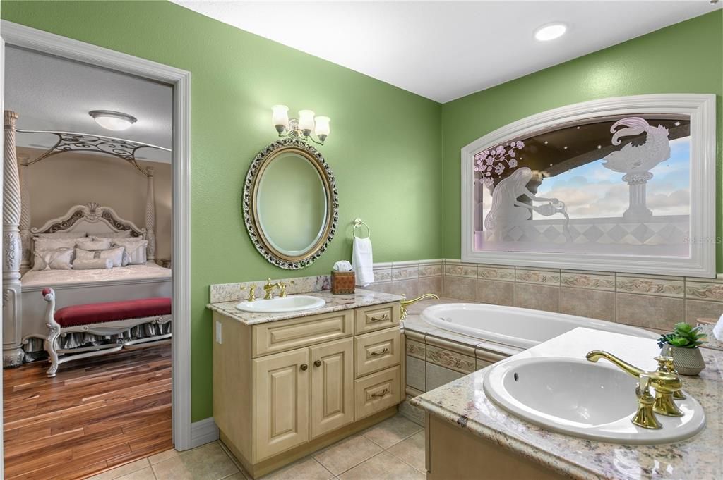Bathroom, Bedroom, Dual Sink Vanities, Interior, Recessed Lighting, Wood Texture Flooring