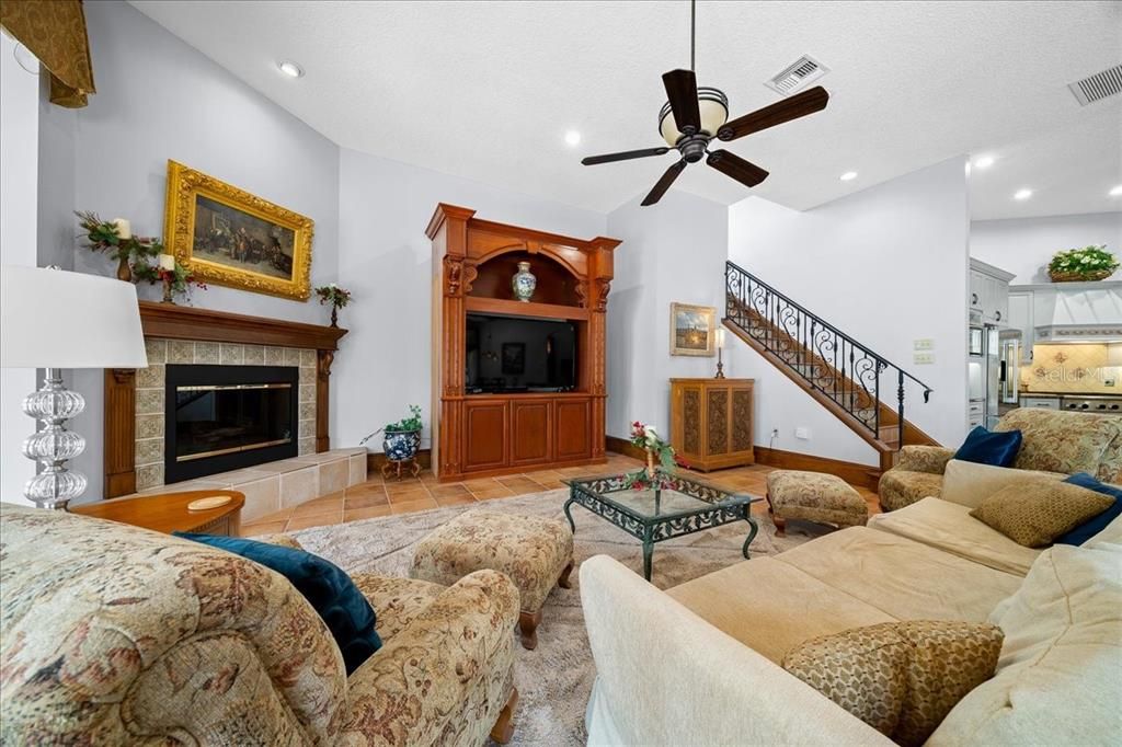 Fireplace, Interior, Kitchen, Living room, Recessed Lighting