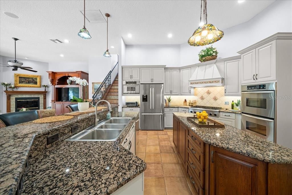 Fireplace, Interior, Kitchen, Pendant Lights, Recessed Lighting, Stainless Steel Appliances