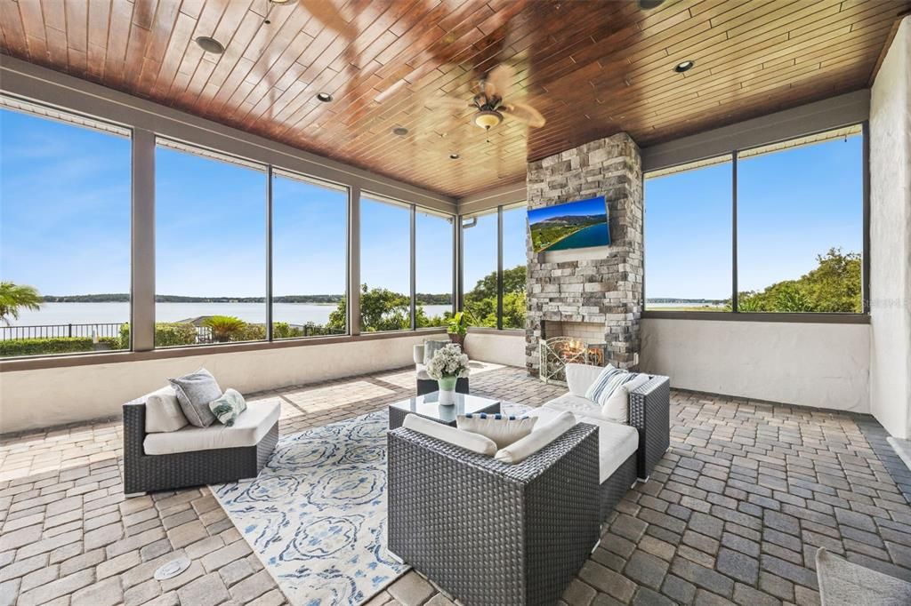 Fireplace, Interior, Living room, Recessed Lighting, Sun Room, Water, Wooden Ceilings