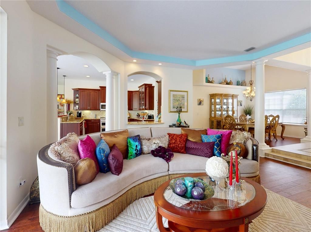 Chandelier, Dining room, Interior, Kitchen, Living room, Pendant Lights, Recessed Lighting, Wood Texture Flooring