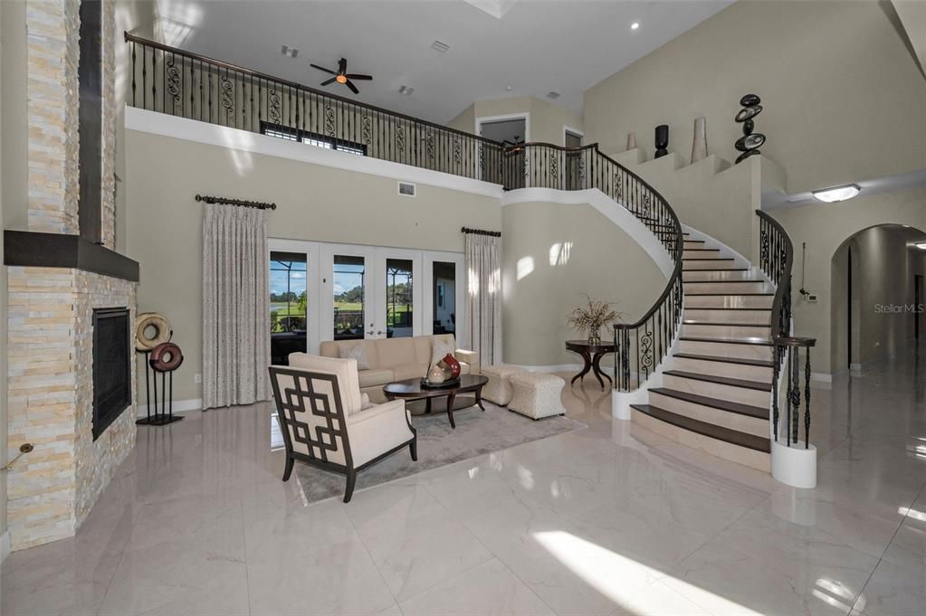 Fireplace, Interior, Living room, Marble, Recessed Lighting
