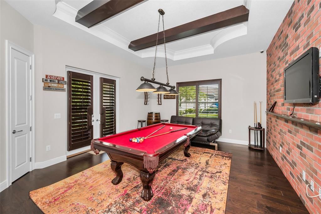 Billiard Table, Game Room, Interior, Pendant Lights, Stone Walls, Wood Texture Flooring