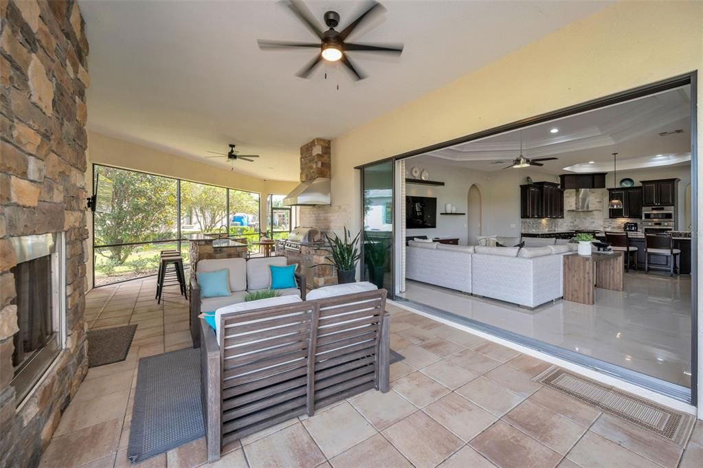 Dining room, Fireplace, Interior, Kitchen, Living room, Recessed Lighting, Stainless Steel Appliances, Stone Walls