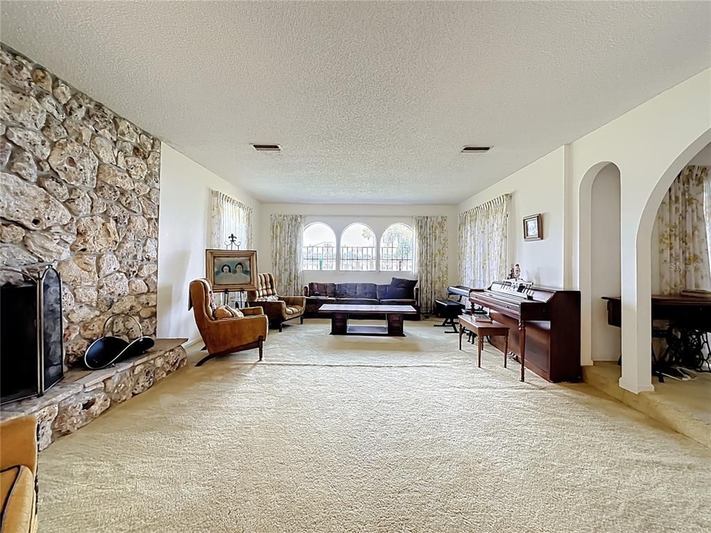 Fireplace, Interior, Living room, Piano, Stone Walls