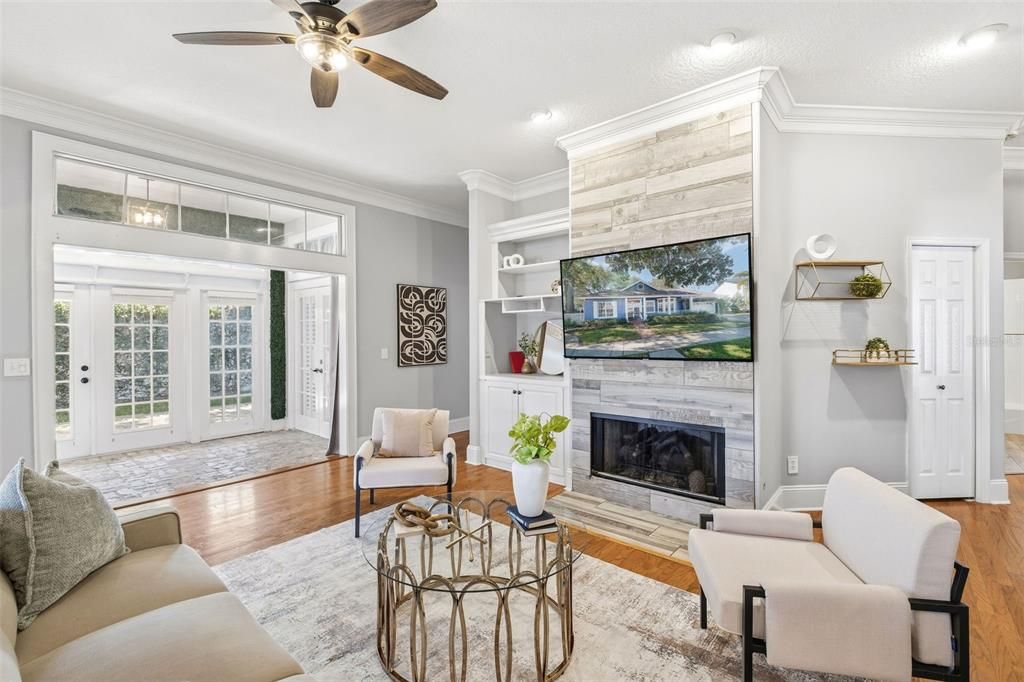 Fireplace, Interior, Living room, Recessed Lighting, Wood Texture Flooring