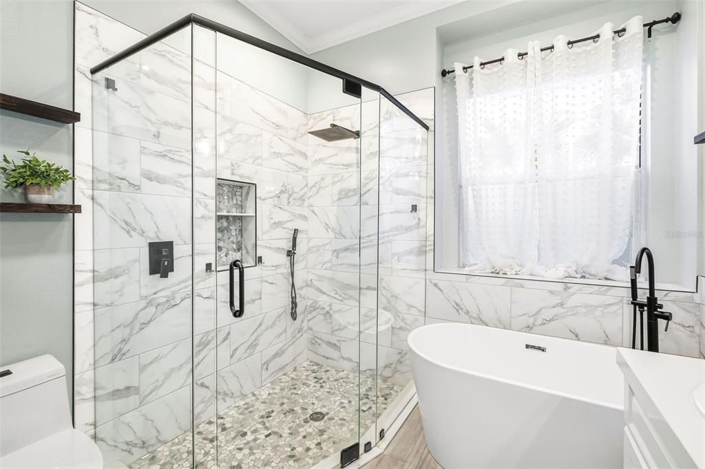 Bathroom, Free Standing Baths, Glass Shower, Interior, Marble Walls