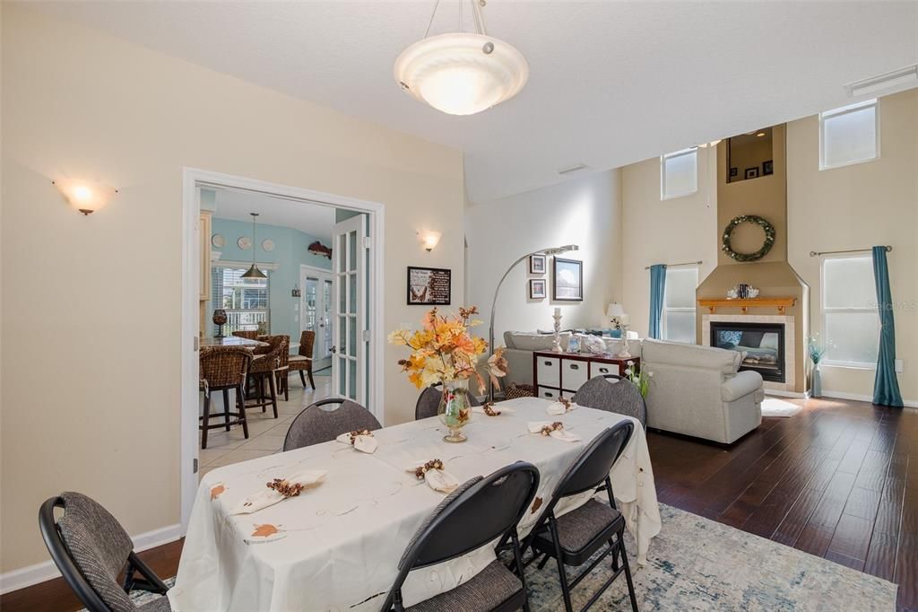 Dining room, Fireplace, Interior, Living room, Wood Texture Flooring