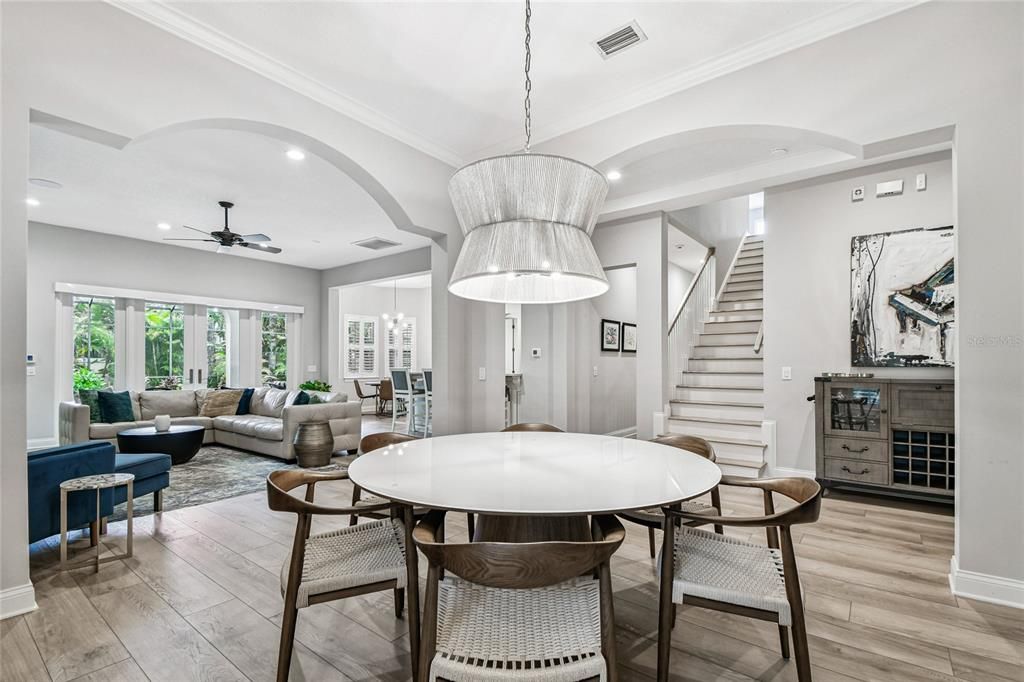 Dining room, Interior, Living room, Pendant Lights, Recessed Lighting, Wood Texture Flooring