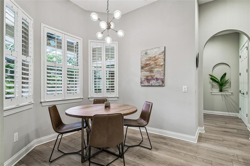 Dining room, Interior, Pendant Lights, Wood Texture Flooring