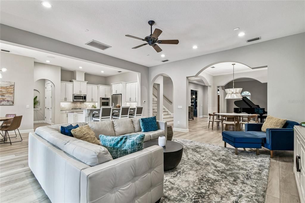 Dining room, Interior, Kitchen, Living room, Pendant Lights, Recessed Lighting, Stainless Steel Appliances, Wood Texture Flooring