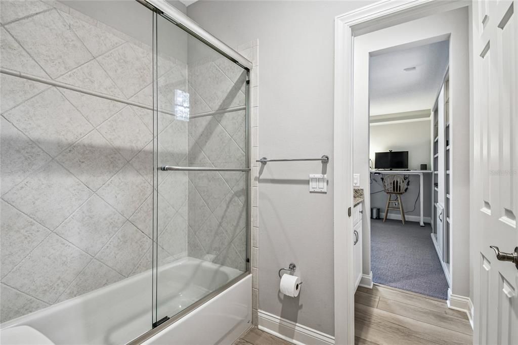 Bathroom, Glass Shower, Interior, Wood Texture Flooring