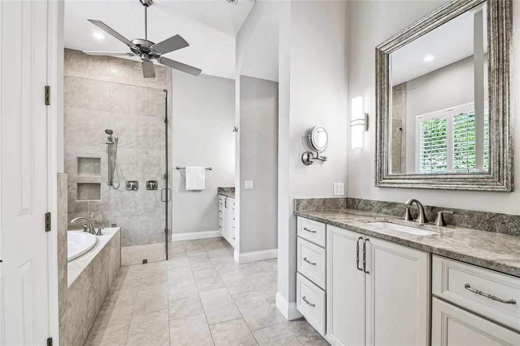 Bathroom, Dual Sink Vanities, Glass Shower, Interior, Recessed Lighting