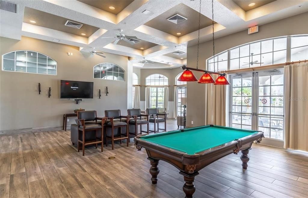 Billiard Table, Game Room, Interior, Pendant Lights, Recessed Lighting, Wood Texture Flooring