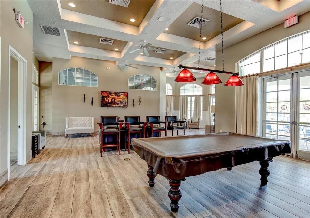Billiard Table, Game Room, Interior, Pendant Lights, Recessed Lighting, Wood Texture Flooring