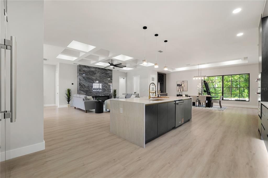 Dining room, Fireplace, Interior, Kitchen, Living room, Pendant Lights, Recessed Lighting, Wood Texture Flooring