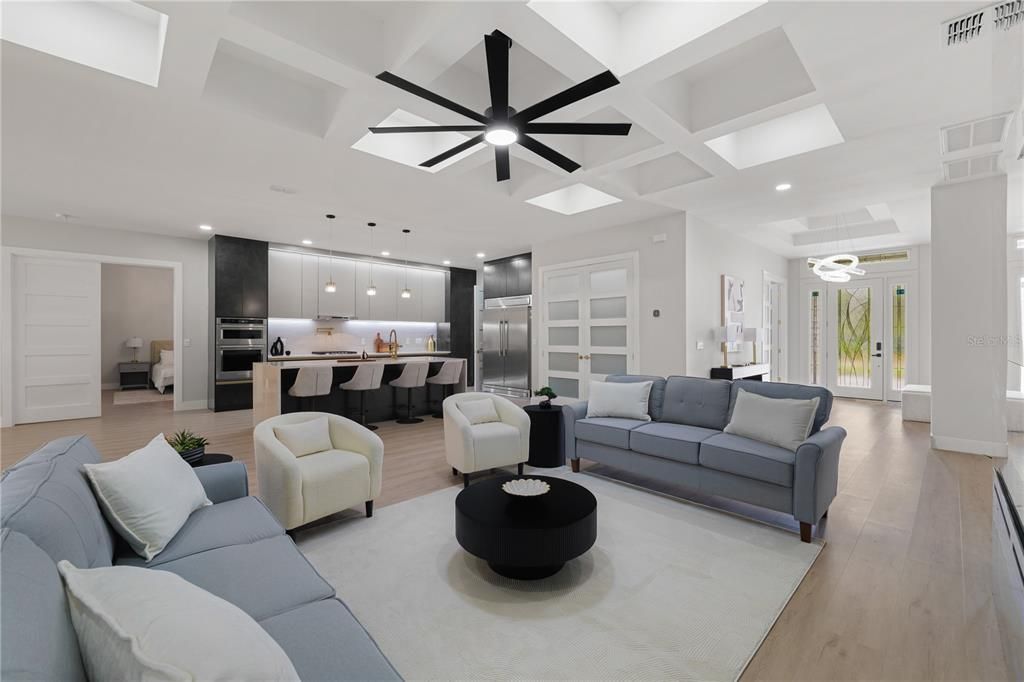 Interior, Kitchen, Living room, Pendant Lights, Recessed Lighting, Stainless Steel Appliances, Wood Texture Flooring