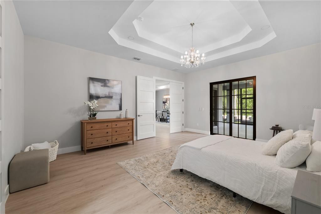 Bedroom, Interior, Pendant Lights, Wood Texture Flooring