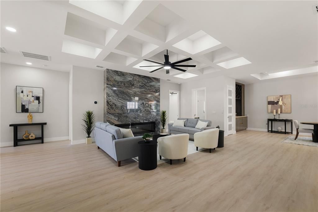 Fireplace, Interior, Living room, Recessed Lighting, Wood Texture Flooring