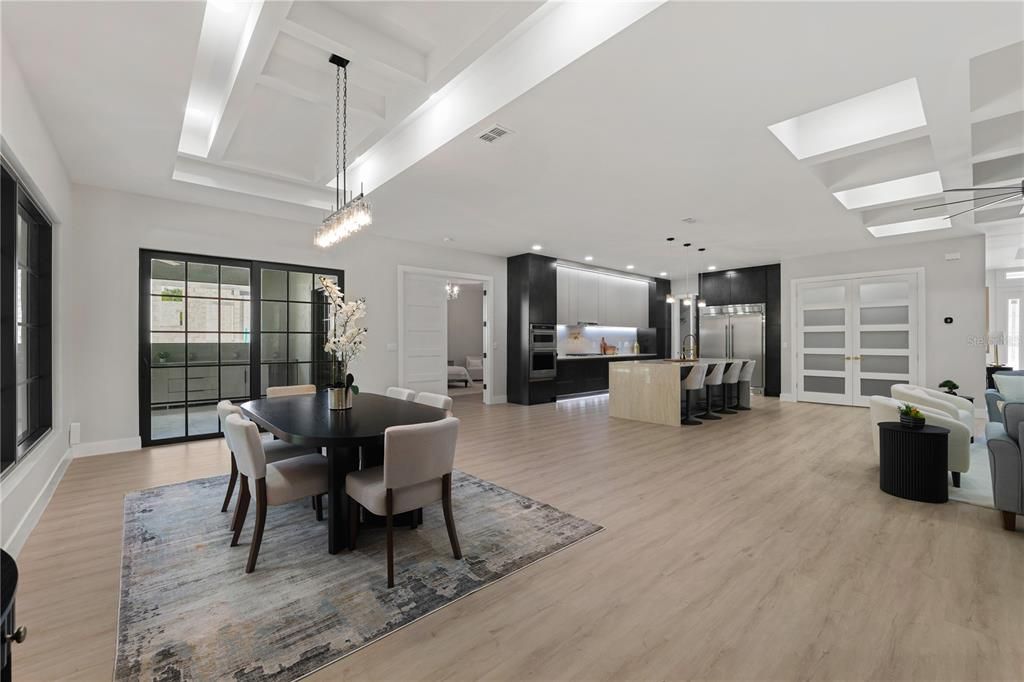 Dining room, Interior, Kitchen, Pendant Lights, Recessed Lighting, Stainless Steel Appliances, Wood Texture Flooring