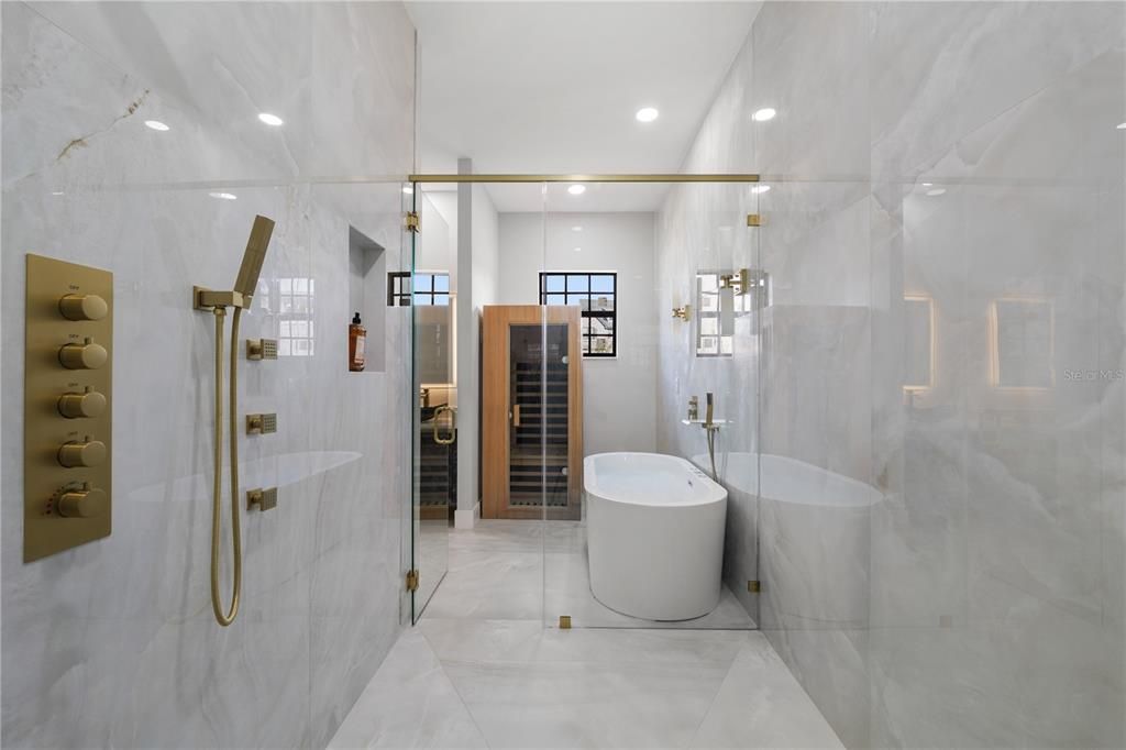 Bathroom, Free Standing Baths, Interior, Marble, Recessed Lighting
