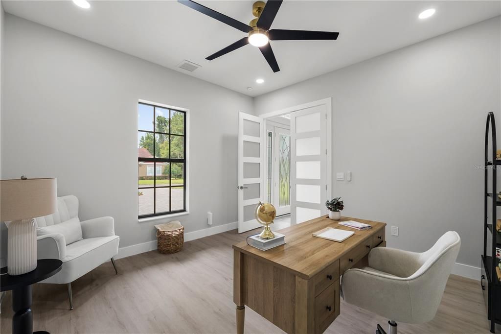 Home Office, Interior, Recessed Lighting, Wood Texture Flooring