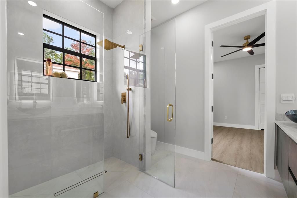 Bathroom, Glass Shower, Interior, Recessed Lighting, Wood Texture Flooring