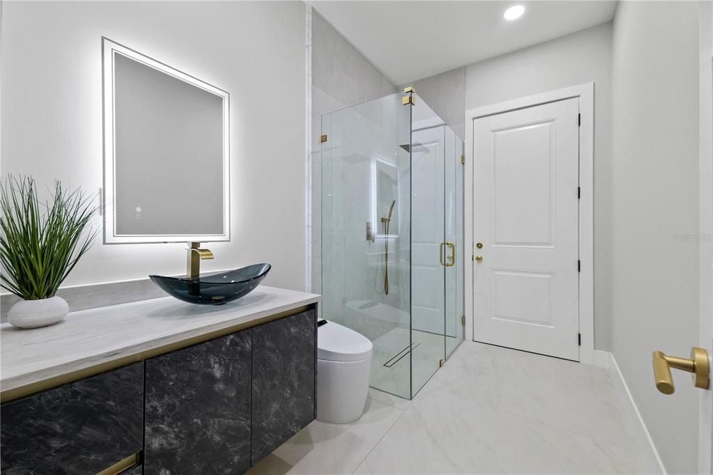 Bathroom, Glass Shower, Interior, Marble, Recessed Lighting