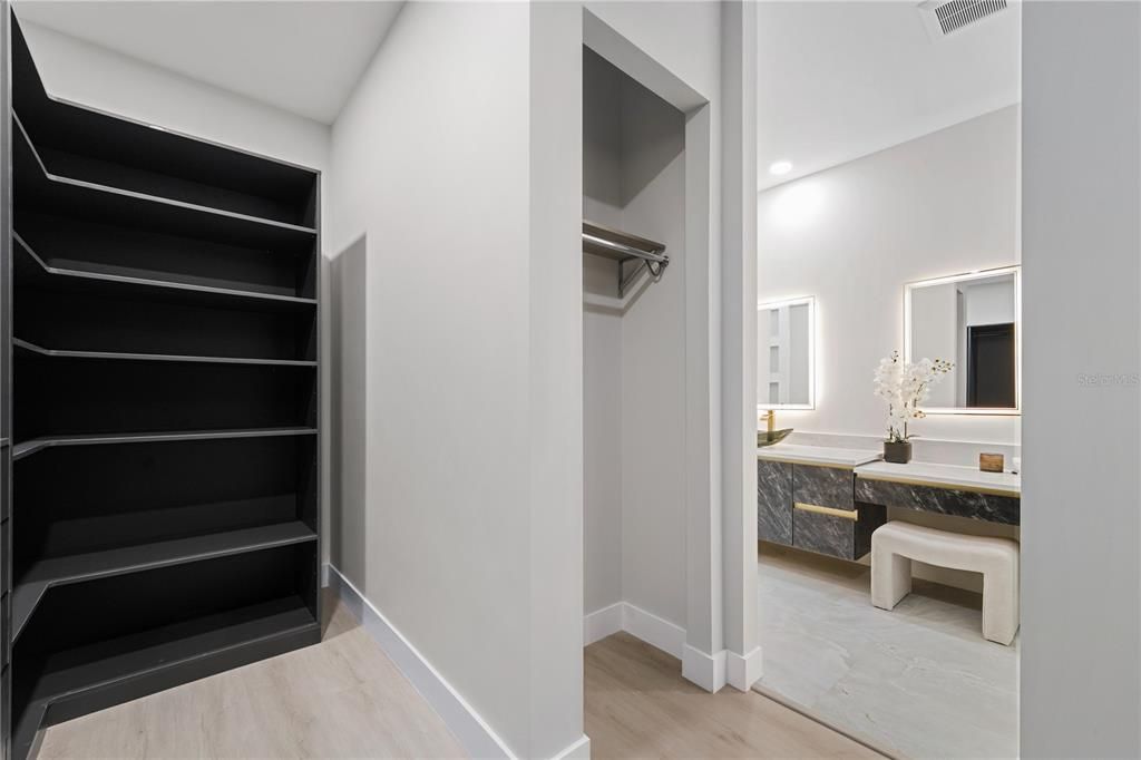 Bathroom, Interior, Recessed Lighting, Walk-in Closets, Wood Texture Flooring