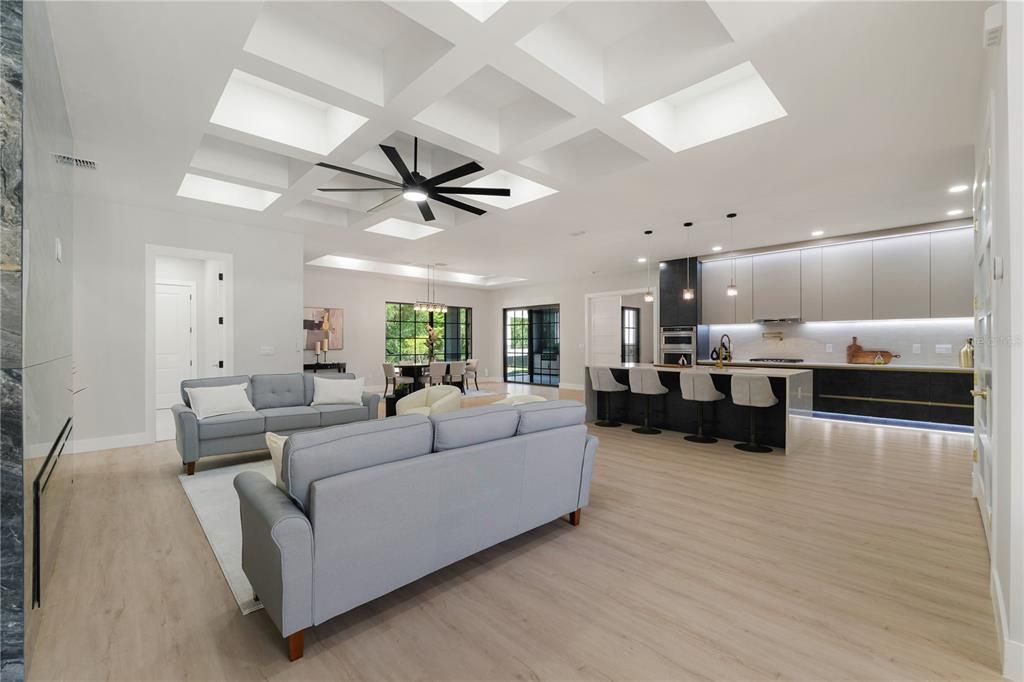 Dining room, Interior, Kitchen, Living room, Pendant Lights, Recessed Lighting, Stainless Steel Appliances, Wood Texture Flooring