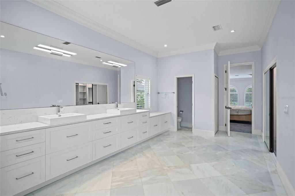 Bathroom, Dual Sink Vanities, Interior, Marble, Recessed Lighting