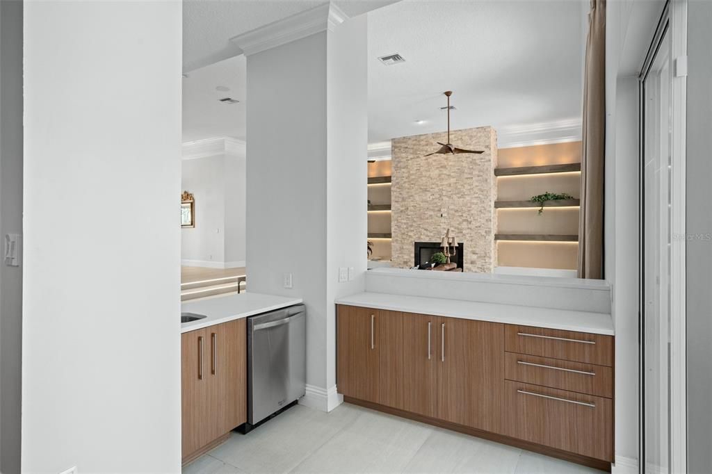 Fireplace, Interior, Kitchen, Pendant Lights, Stone Walls