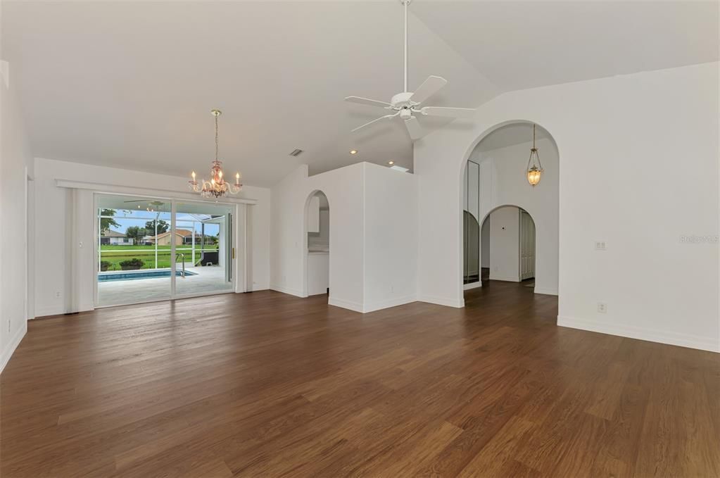Chandelier, Empty room, Interior, Pendant Lights, Recessed Lighting, Wood Texture Flooring