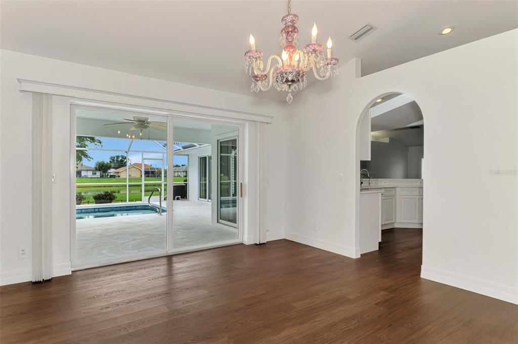Chandelier, Empty room, Interior, Recessed Lighting, Wood Texture Flooring