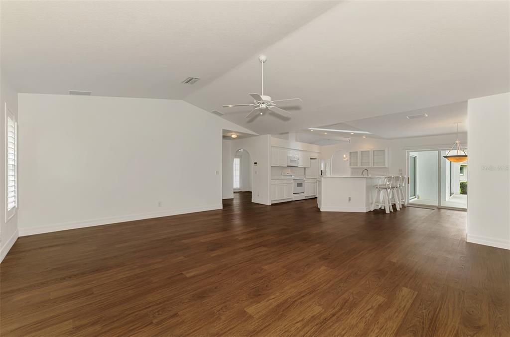 Empty room, Interior, Kitchen, Pendant Lights, Recessed Lighting, Wood Texture Flooring
