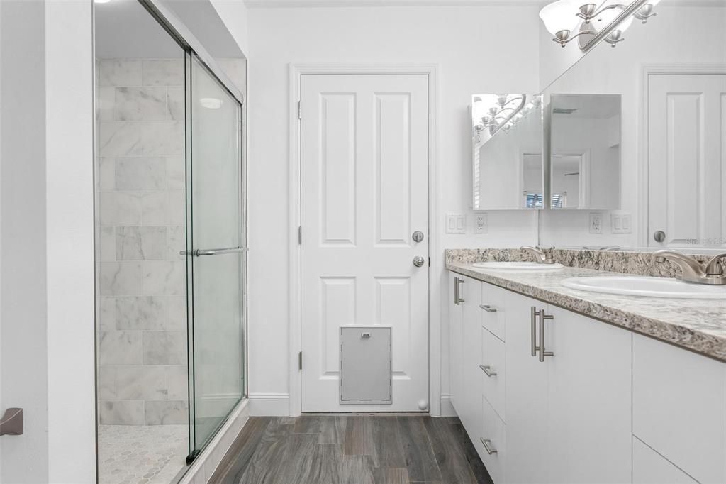 Bathroom, Glass Shower, Interior, Marble Walls, Wood Texture Flooring