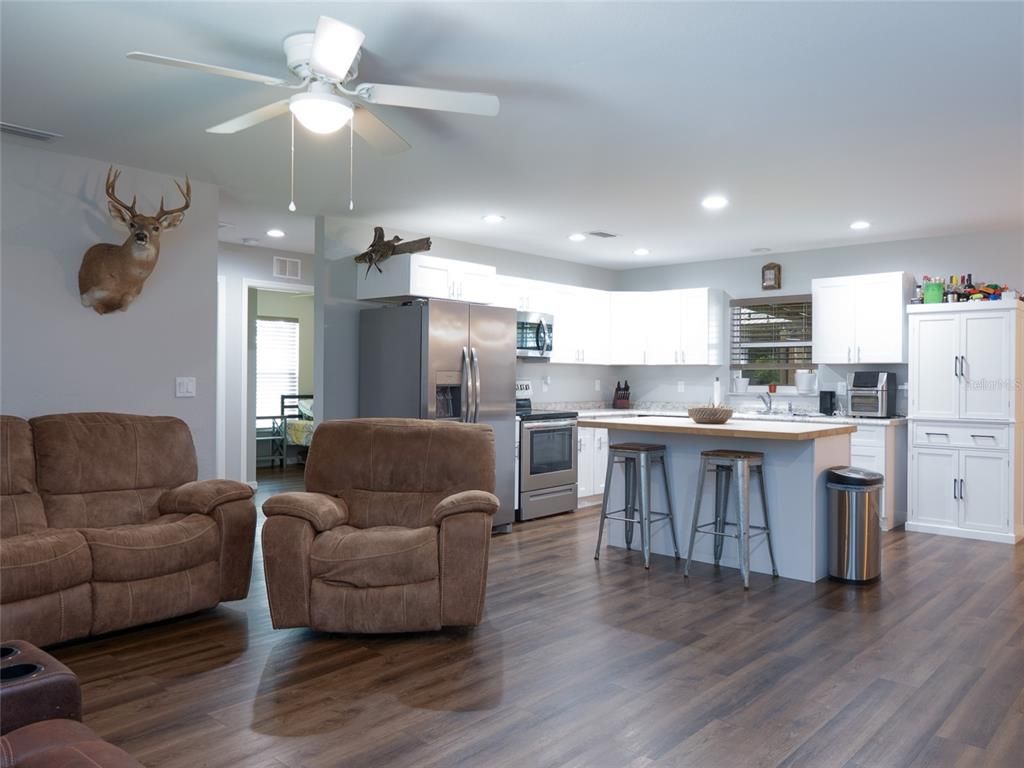 Interior, Kitchen, Living room, Recessed Lighting, Stainless Steel Appliances, Wood Texture Flooring