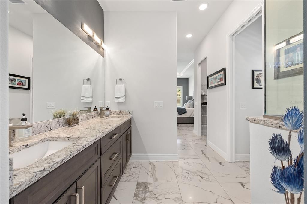 Bathroom, Bedroom, Dual Sink Vanities, Interior, Marble, Recessed Lighting