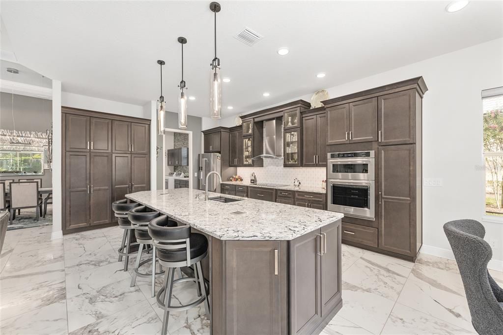 Interior, Kitchen, Marble, Pendant Lights, Recessed Lighting, Stainless Steel Appliances