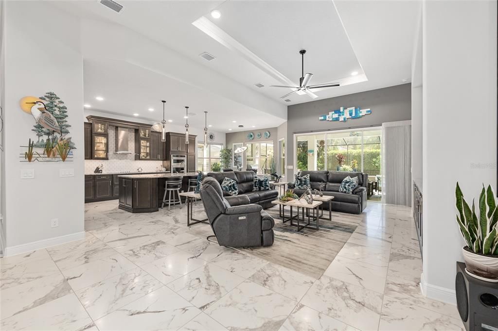 Interior, Kitchen, Living room, Marble, Pendant Lights, Recessed Lighting, Stainless Steel Appliances