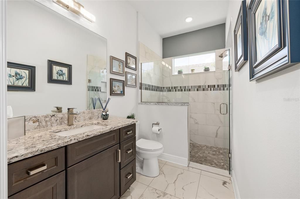 Bathroom, Glass Shower, Interior, Marble, Marble Walls, Recessed Lighting