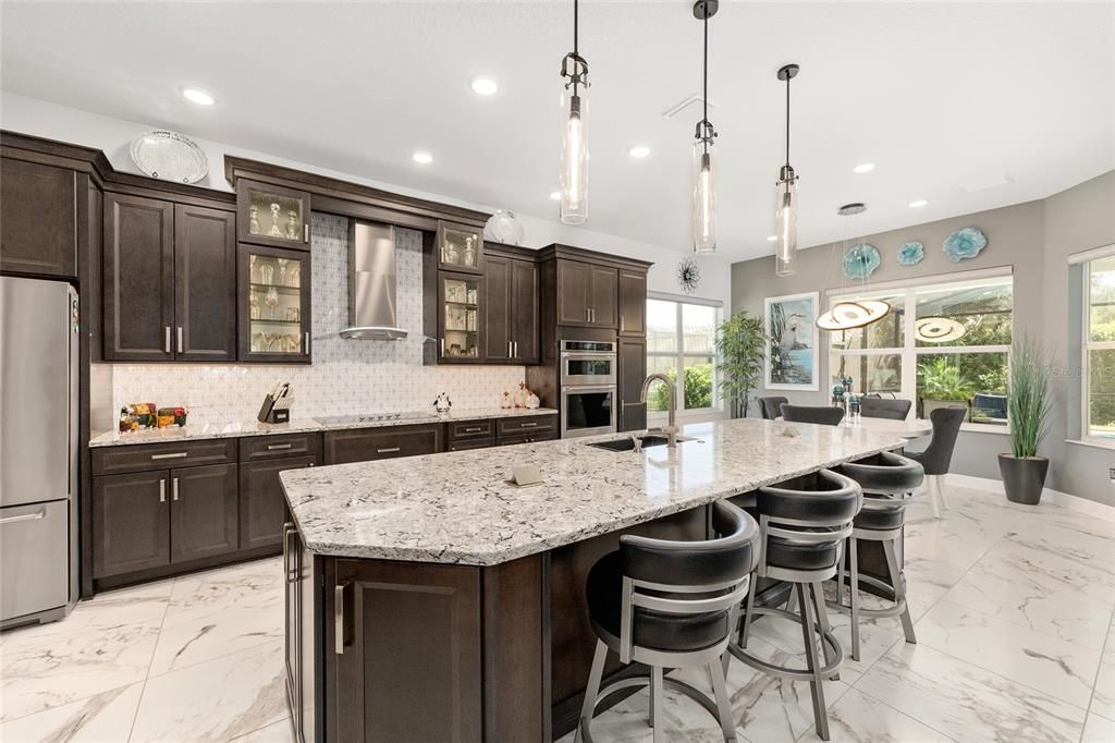 Dining room, Interior, Kitchen, Marble, Pendant Lights, Recessed Lighting, Stainless Steel Appliances
