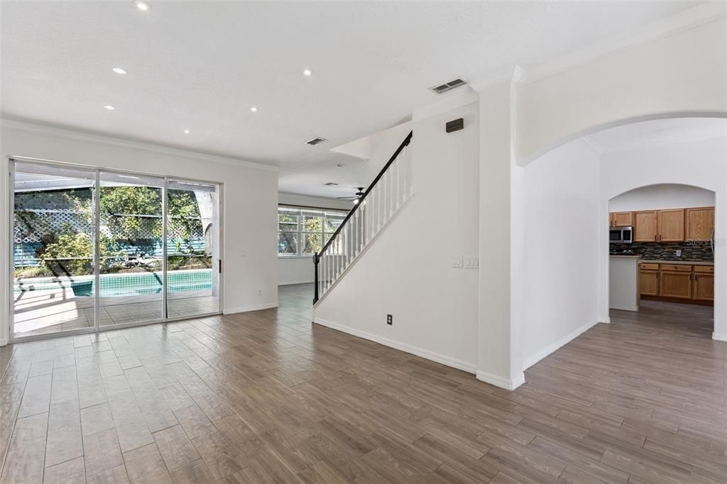Empty room, Interior, Kitchen, Recessed Lighting, Wood Texture Flooring