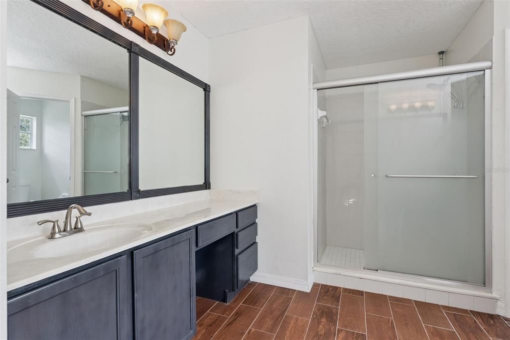Bathroom, Glass Shower, Interior, Wood Texture Flooring
