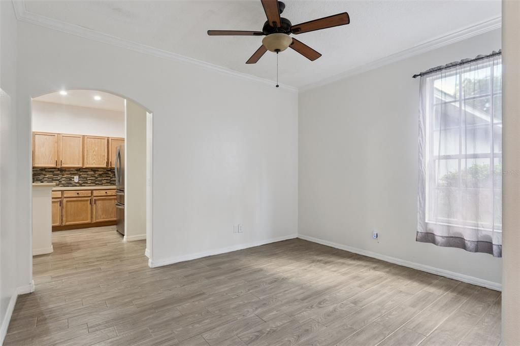 Empty room, Interior, Kitchen, Recessed Lighting, Wood Texture Flooring